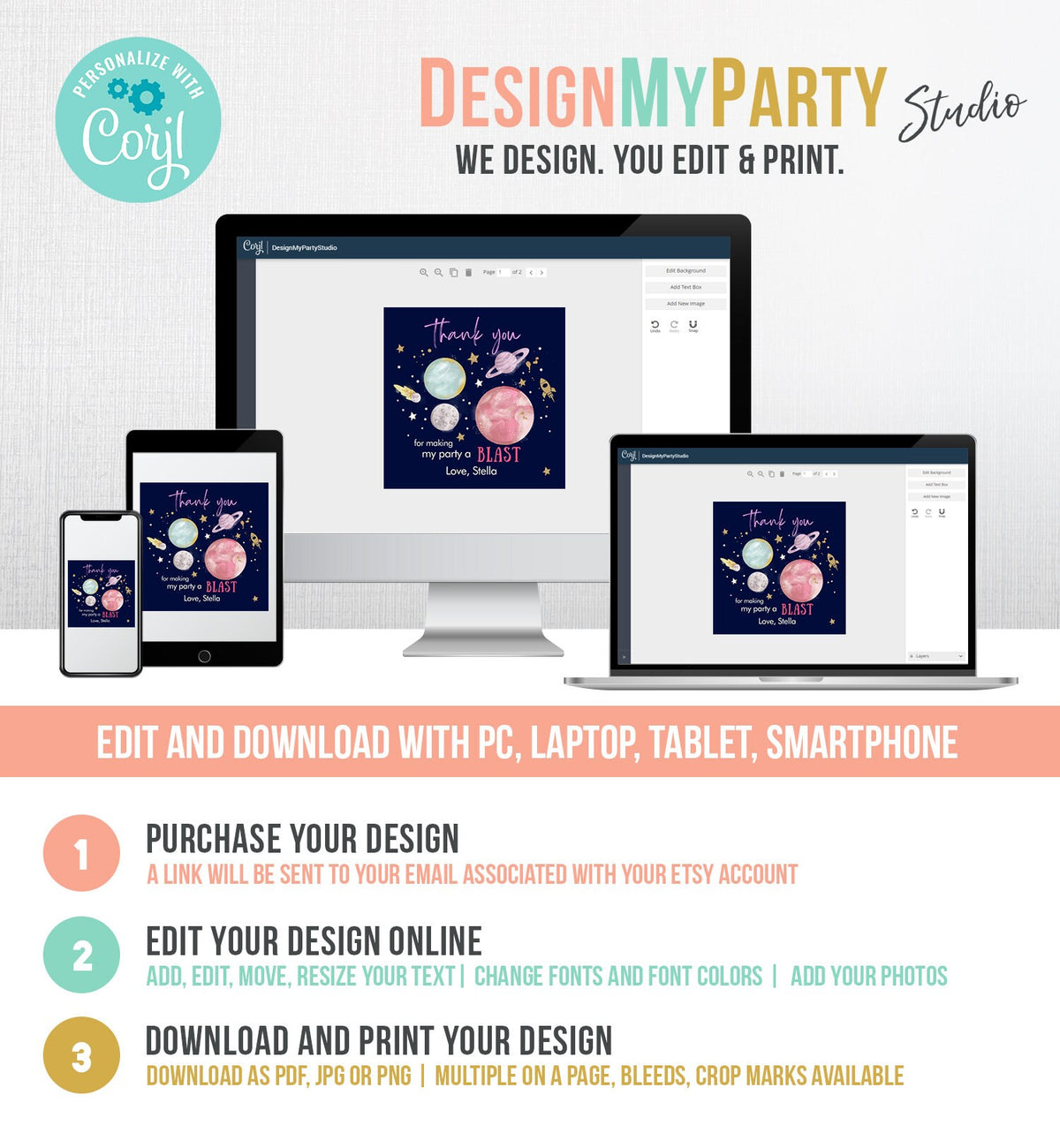 Editable Outer Space Favor Tag Birthday Thank You Sticker Galaxy Gift Trip Around the Sun Planets Digital Download Template Printable 0357