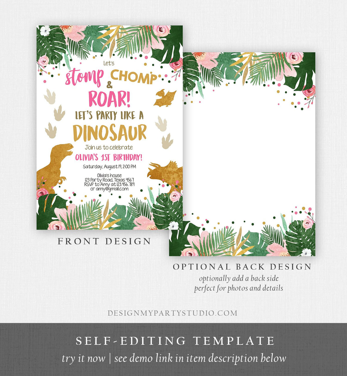 Editable Gold Dinosaur Birthday Invitation ANY AGE Dino Party T-Rex Prehistoric Rawr Girl Pink Gold Download Printable Corjl Template 0146