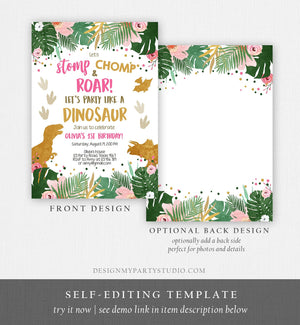 Editable Gold Dinosaur Birthday Invitation ANY AGE Dino Party T-Rex Prehistoric Rawr Girl Pink Gold Download Printable Corjl Template 0146