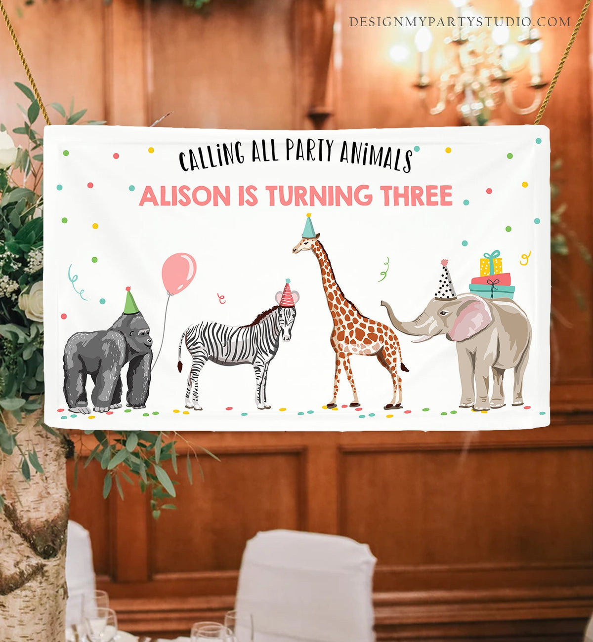 Editable Party Animals Birthday Backdrop Banner Safari Animals Girl Wild One Two Wild Welcome Sign Digital Download Template Printable 0142