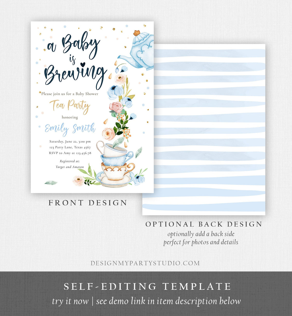 Editable Tea Party Baby Shower Invitation Tea Shower Sprinkle Floral Blue Boy Gold Brunch Bubbly Download Corjl Template Printable 0349