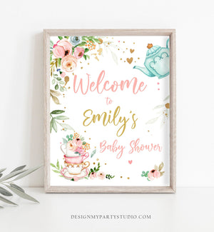 Editable Tea Baby Shower Welcome Sign Baby is Brewing Floral Pink Gold Whimsical Girl Shower Garden Party Template PRINTABLE Corjl 0349