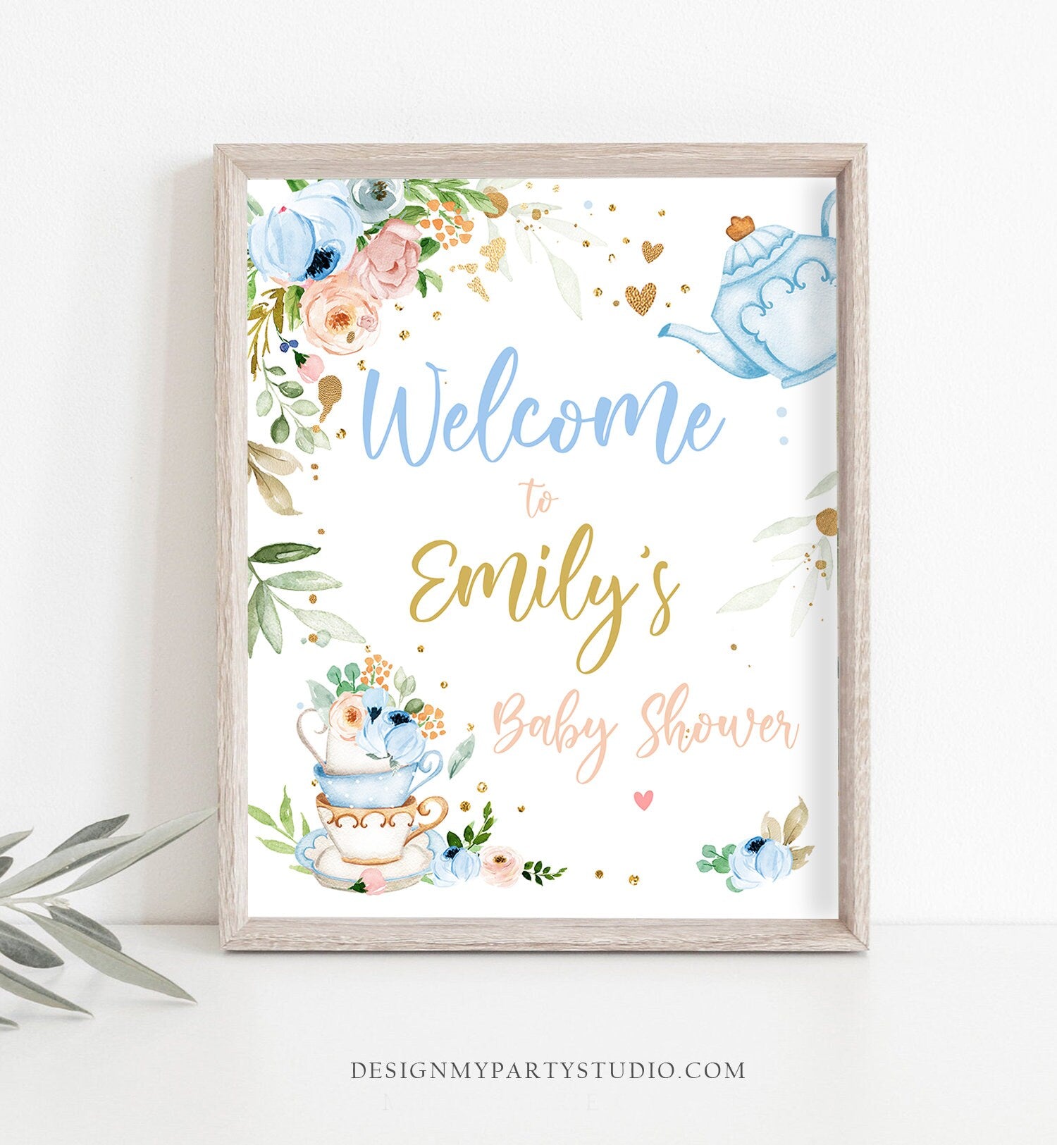 Editable Tea Baby Shower Welcome Sign Baby is Brewing Floral Blue Gold Whimsical Boy Shower Garden Party Template PRINTABLE Corjl 0349