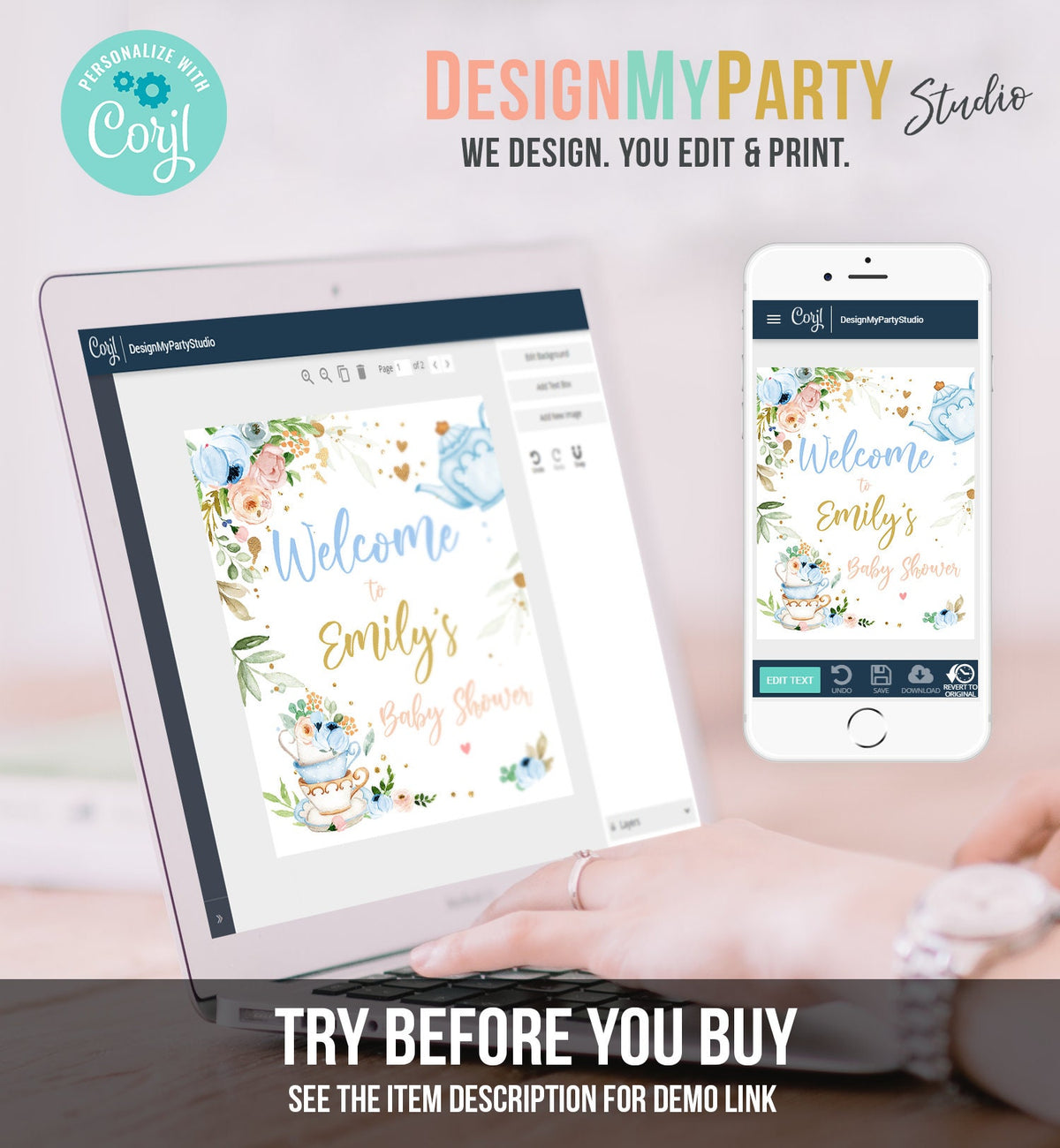 Editable Tea Baby Shower Welcome Sign Baby is Brewing Floral Blue Gold Whimsical Boy Shower Garden Party Template PRINTABLE Corjl 0349