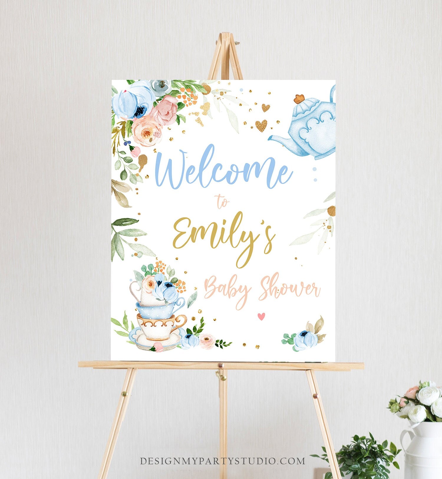 Editable Tea Baby Shower Welcome Sign Baby is Brewing Floral Blue Gold Whimsical Boy Shower Garden Party Template PRINTABLE Corjl 0349