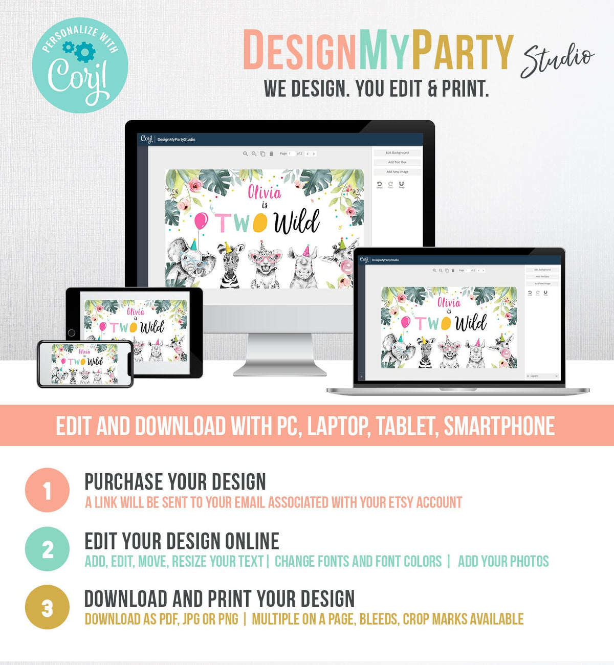 Editable Party Animals Birthday Backdrop Banner Safari Animals Girl Two Wild Welcome Sign Pink 2nd Download Corjl Template Printable 0322