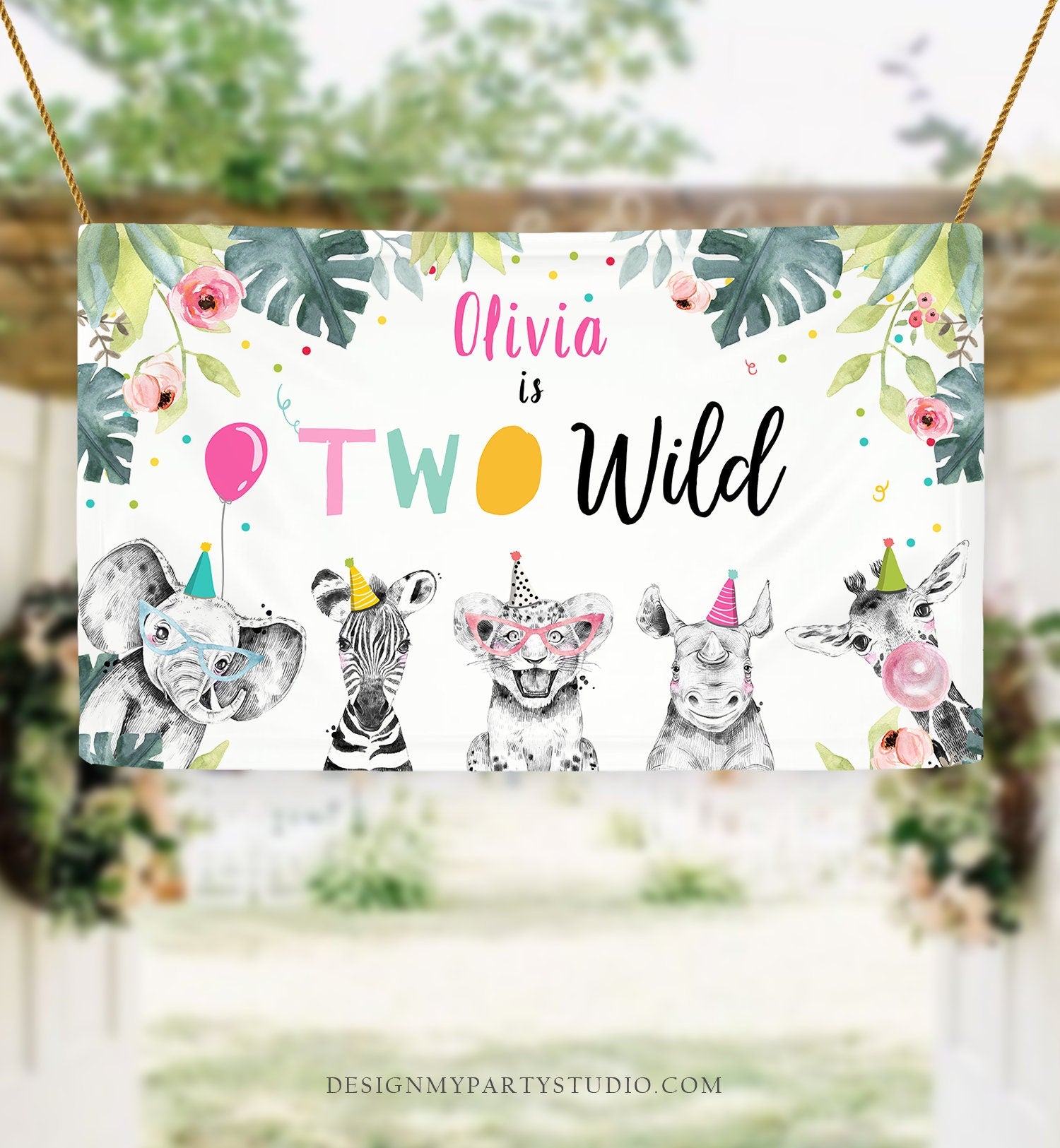 Editable Party Animals Birthday Backdrop Banner Safari Animals Girl Two Wild Welcome Sign Pink 2nd Download Corjl Template Printable 0322