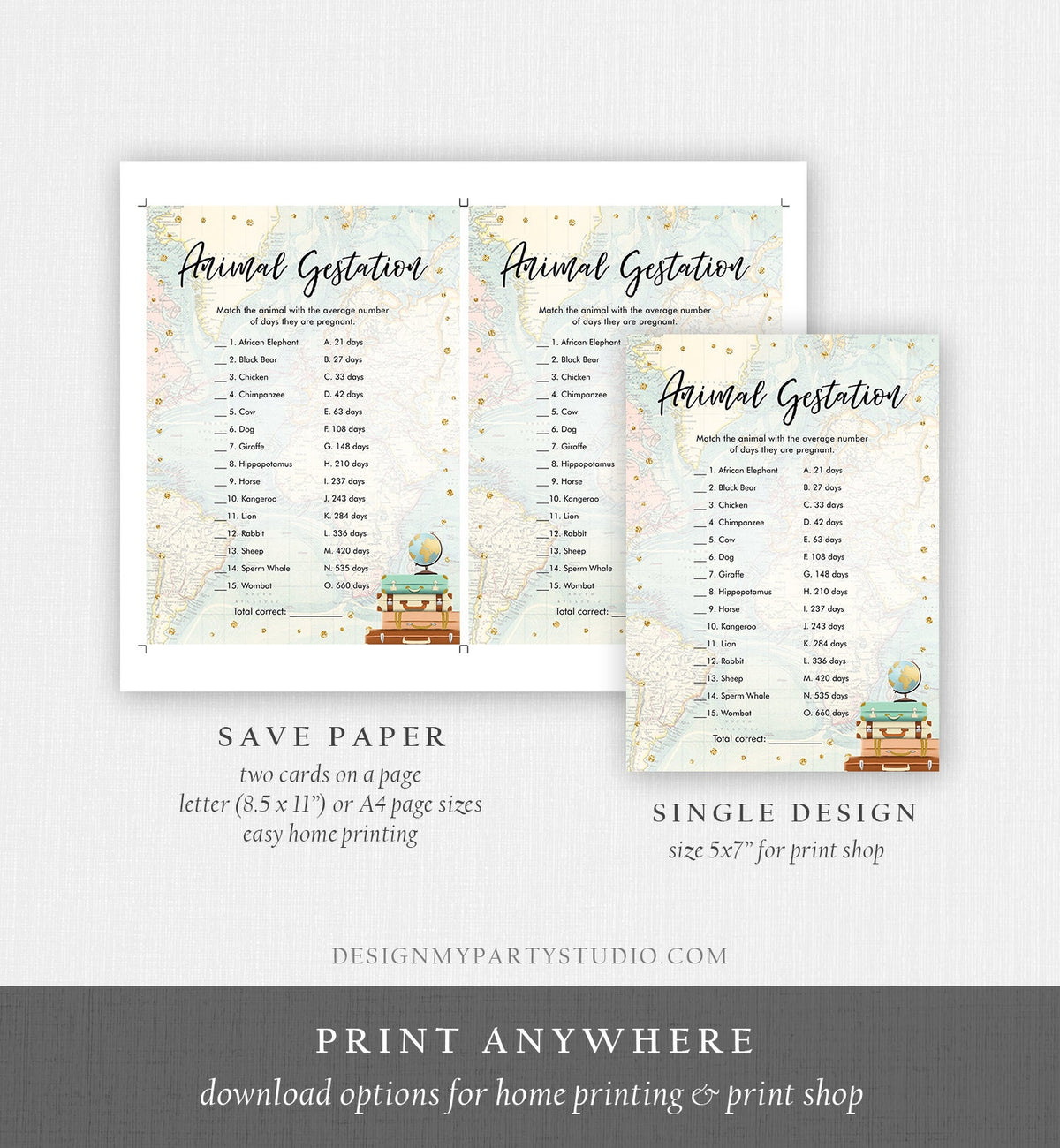 Editable Animal Gestation Baby Shower Game Card Travel Adventure Journey Animal Pregnancy Activity Digital Download Template Printable 0263