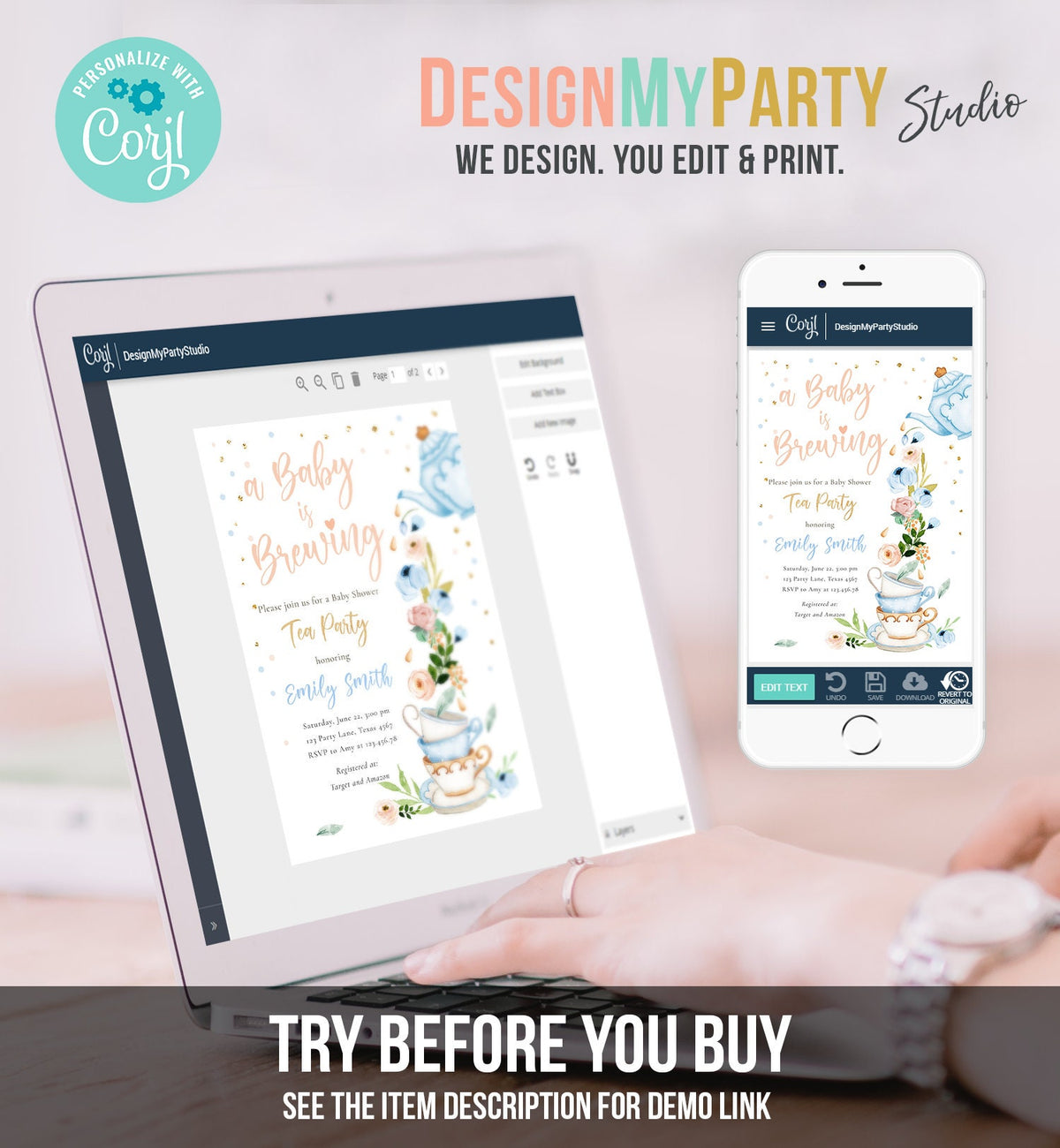 Editable Tea Party Baby Shower Invitation Tea Shower Sprinkle Floral Blue Boy Gold Brunch Bubbly Digital Download Template Printable 0349