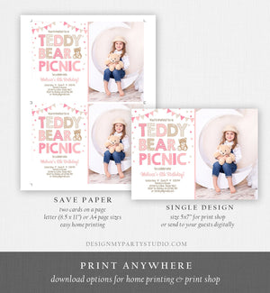 Editable Teddy Bear Picnic Birthday Invitation Girl Pink Bear Birthday Picnic Summer Outdoor Party Printable Digital Corjl Template 0100
