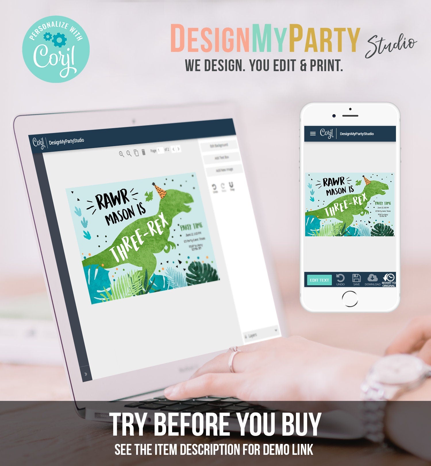 Editable Three-Rex Dinosaur Birthday Invitation Dino T-Rex Third Birthday 3rd ROAR RAWR Boy Prehistoric Digital Template Printable 0389