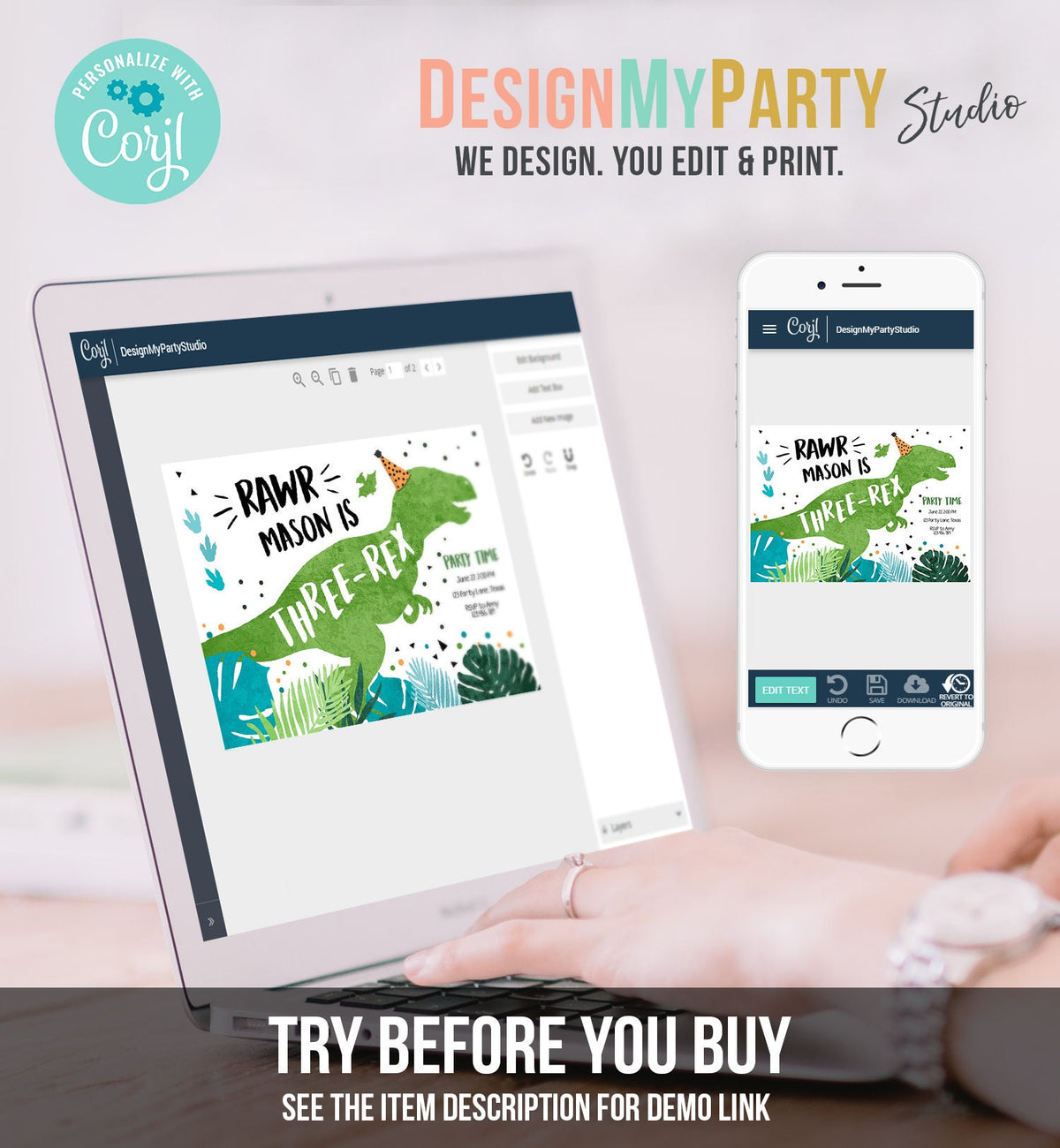 Editable Three-Rex Dinosaur Birthday Invitation Dino T-Rex Third Birthday 3rd Rawr Boy Green Prehistoric Digital Template Printable 0389