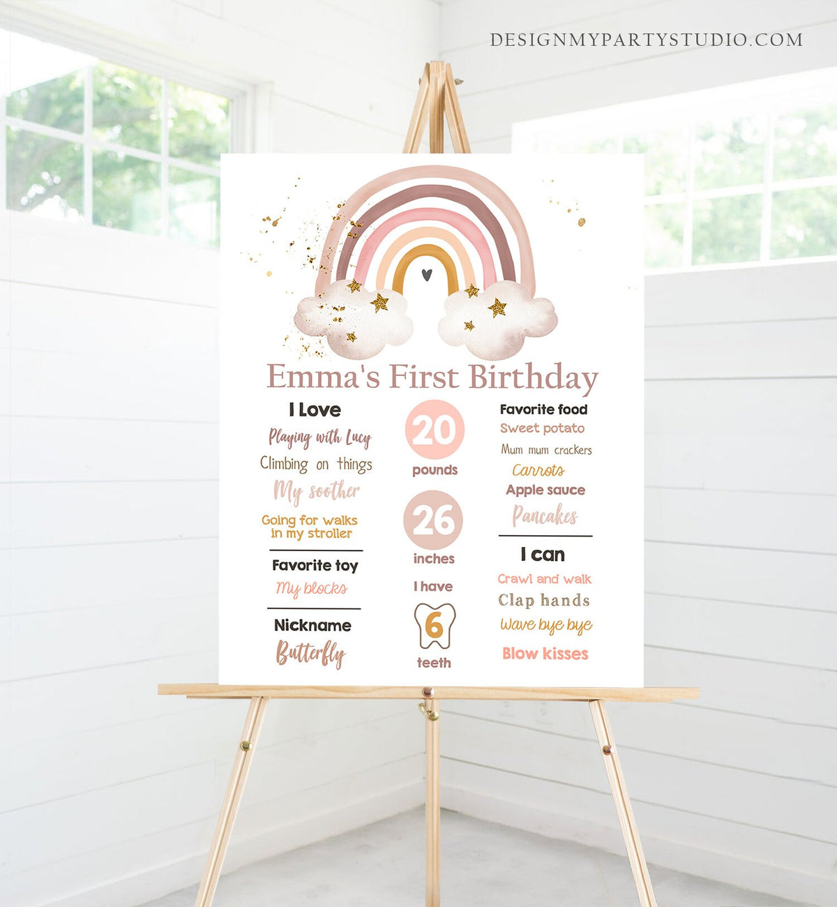 Editable Boho Rainbow Birthday Milestones Sign Girl First Birthday Modern Infographic Decor Digital Download Template Printable 0387