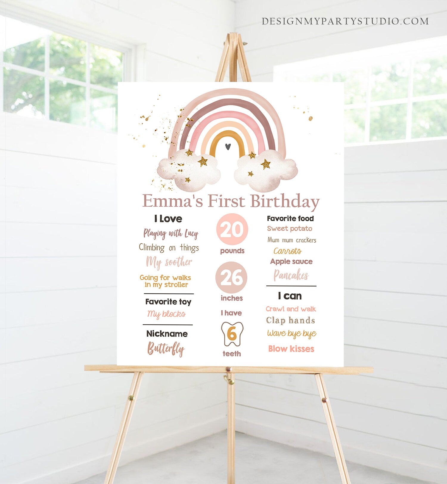 Editable Boho Rainbow Birthday Milestones Sign Girl First Birthday Modern Infographic Birthday Decor Download Corjl Template Printable 0387