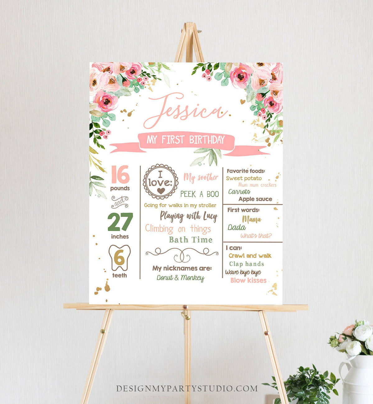 Editable Floral Birthday Milestones Sign Wild One Birthday First Birthday 1st Pink Floral Girl Onederful Boho Corjl Template Printable 0147