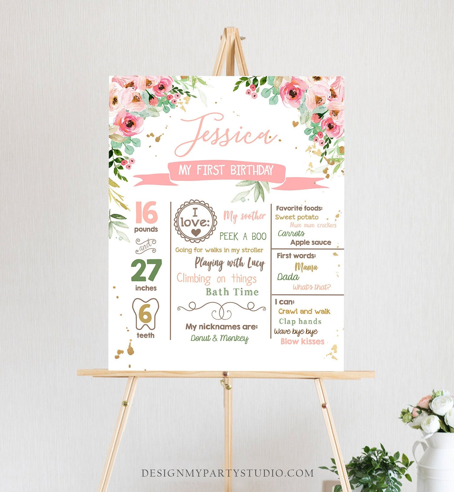 Editable Floral Birthday Milestones Sign Wild One Birthday First Birthday 1st Pink Floral Girl Onederful Boho Corjl Template Printable 0147