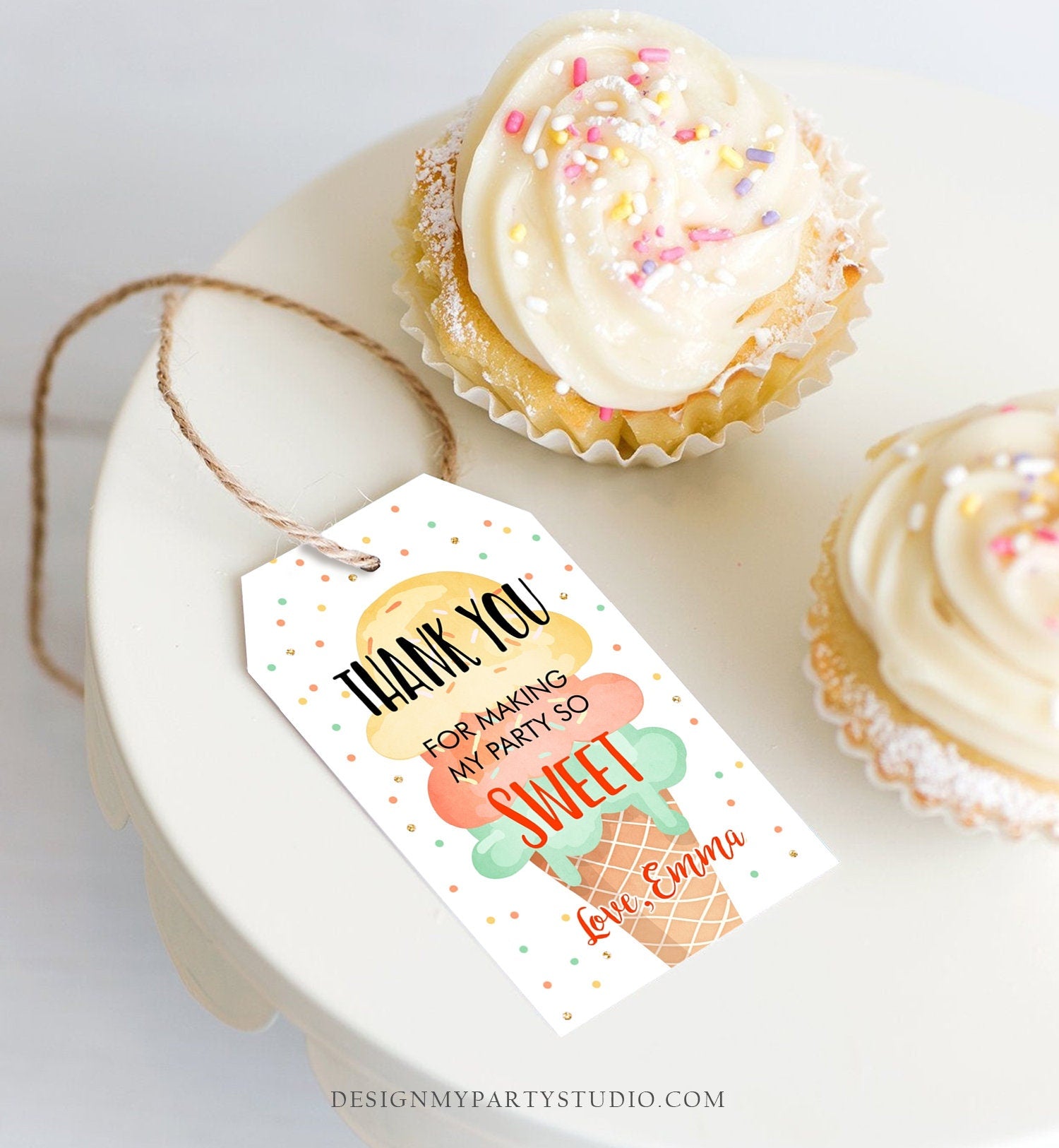 Editable Ice Cream Favor Thank You Tags Ice Cream Birthday Party Girl Yellow Mint Gift Goodie Bag Labels Digital Template Printable 0243