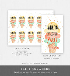 Editable Ice Cream Favor Thank You Tags Ice Cream Birthday Party Girl Yellow Mint Gift Goodie Bag Labels Corjl Template PRINTABLE 0243