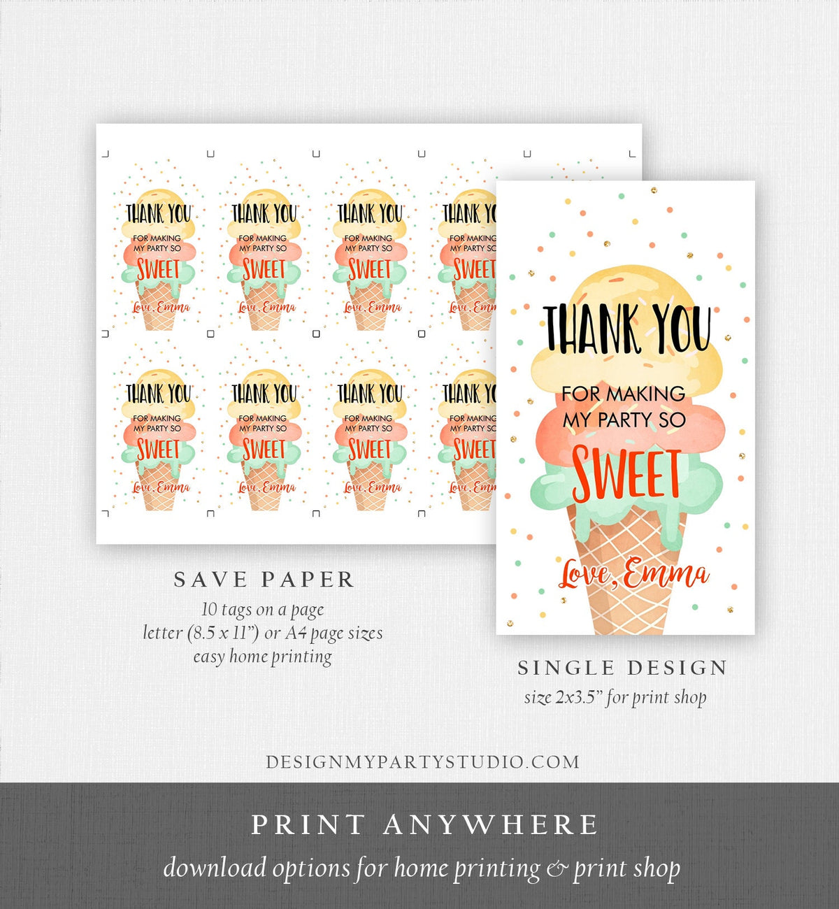 Editable Ice Cream Favor Thank You Tags Ice Cream Birthday Party Girl Yellow Mint Gift Goodie Bag Labels Digital Template Printable 0243