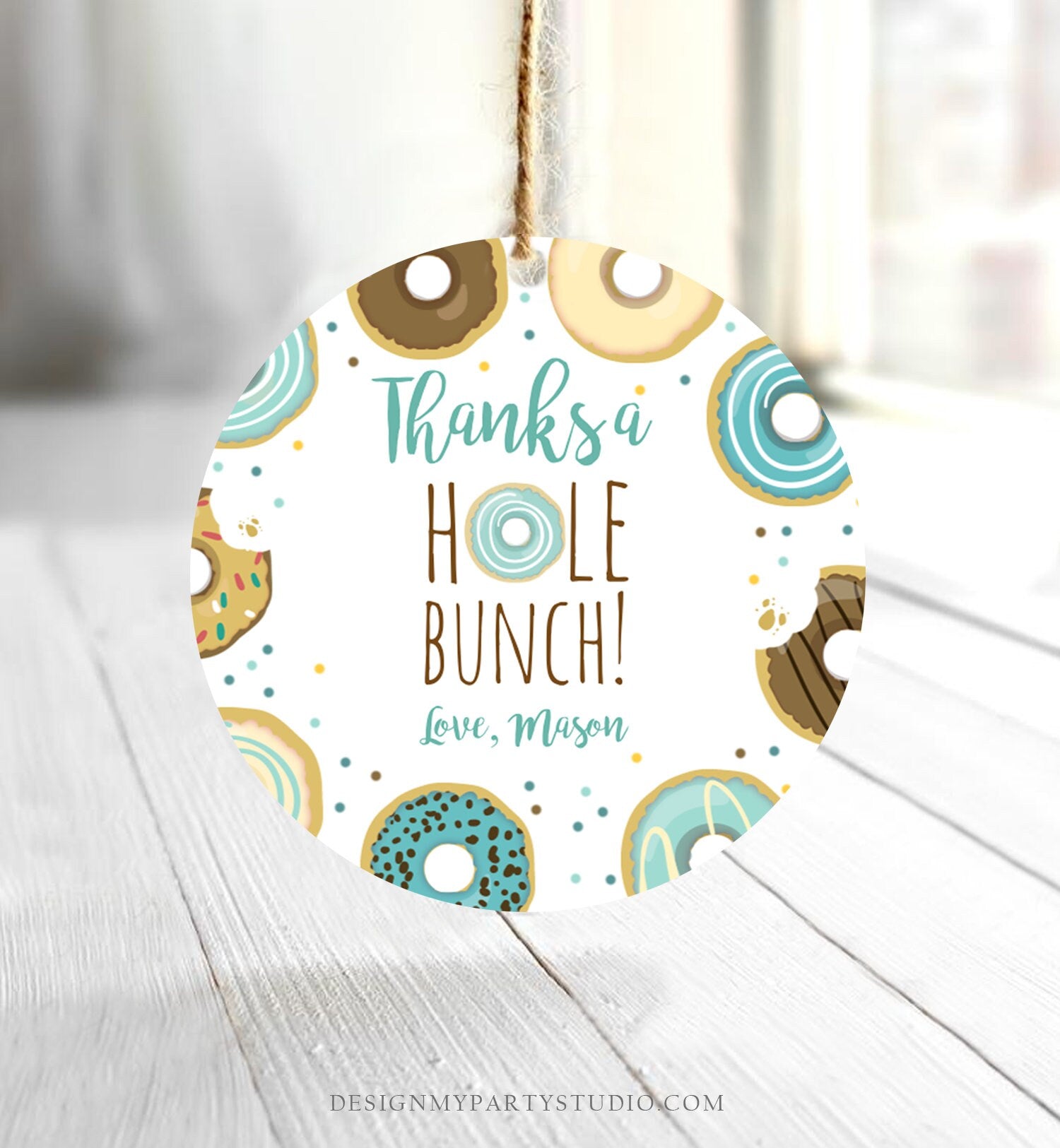 Editable Donut Favor Tags Donut Birthday Thank You A hole Bunch Tag Donut Stickers Boy Blue Donut Dough Tags Round Template Corjl 0050