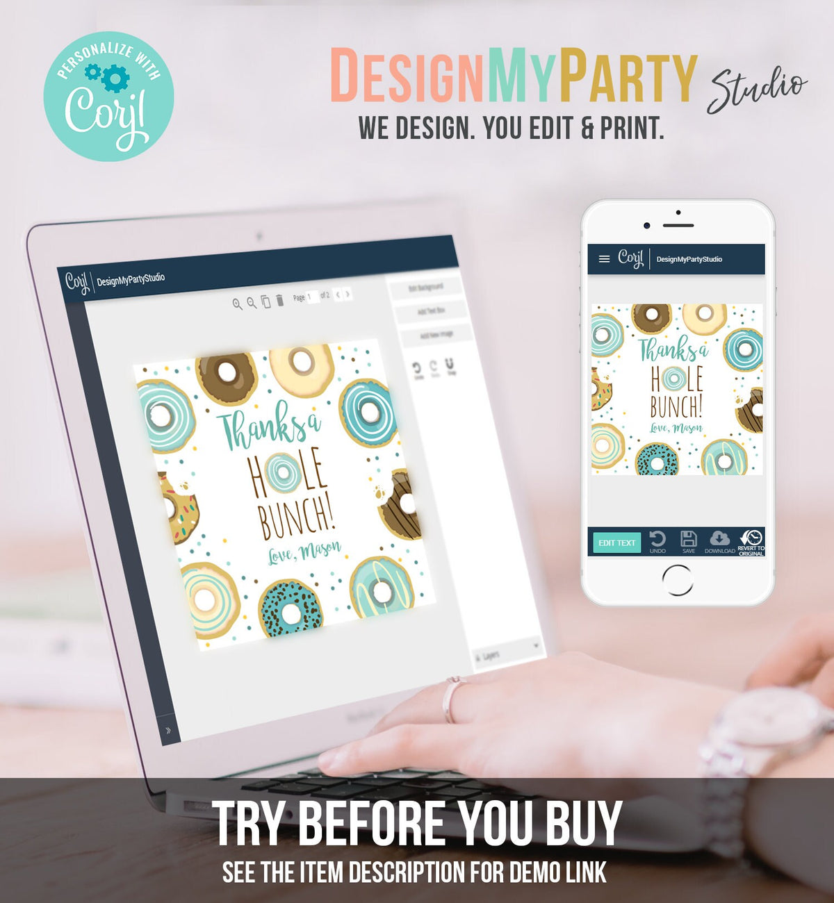 Editable Donut Favor Tags Donut Birthday Thank You A hole Bunch Tag Donut Stickers Boy Blue Donut Dough Tags Round Template Corjl 0050