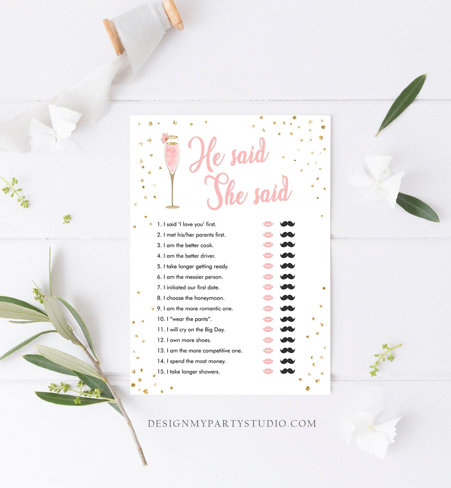 Editable He Said She Said Bridal Shower Game Brunch and Bubbly Bride or Groom Wedding Activity Gold Digital Download Template Printable 0150