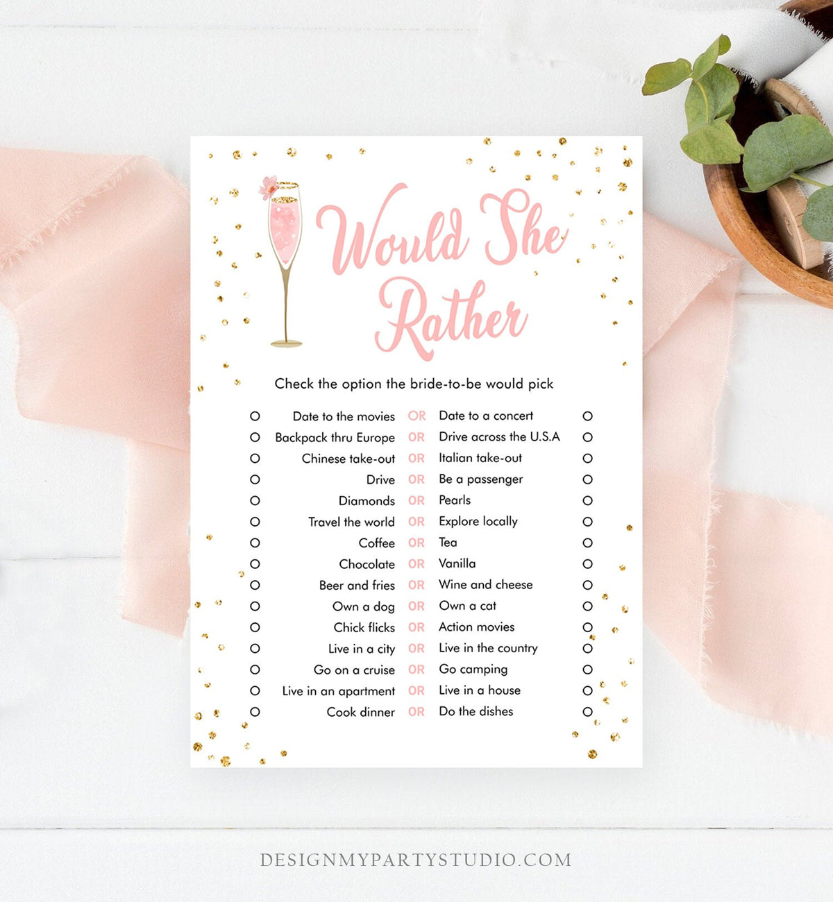 Editable Would She Rather Bridal Shower Game Brunch and Bubbly Who Knows Bride Best Wedding Activity Gold Digital Template Printable 0150