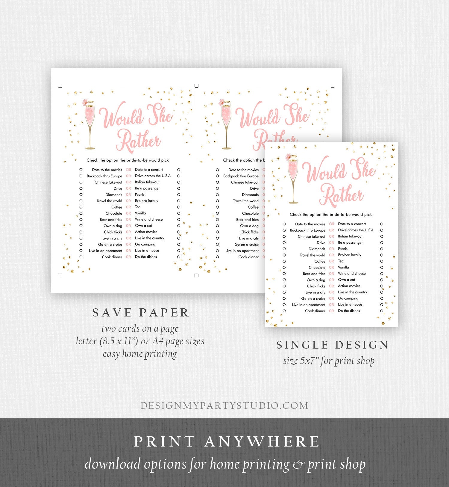 Editable Would She Rather Bridal Shower Game Brunch and Bubbly Who Knows Bride Best Wedding Activity Gold Digital Template Printable 0150