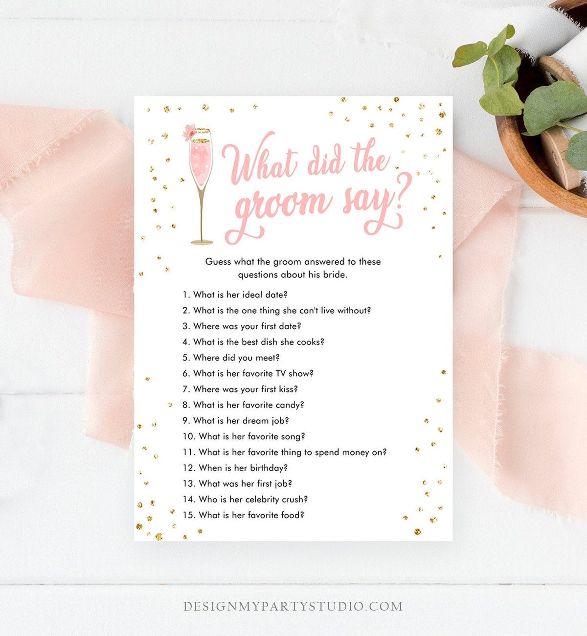 Editable What Did The Groom Say Bridal Shower Game Brunch and Bubbly What Groom Said Wedding Activity Gold Corjl Template Printable 0150