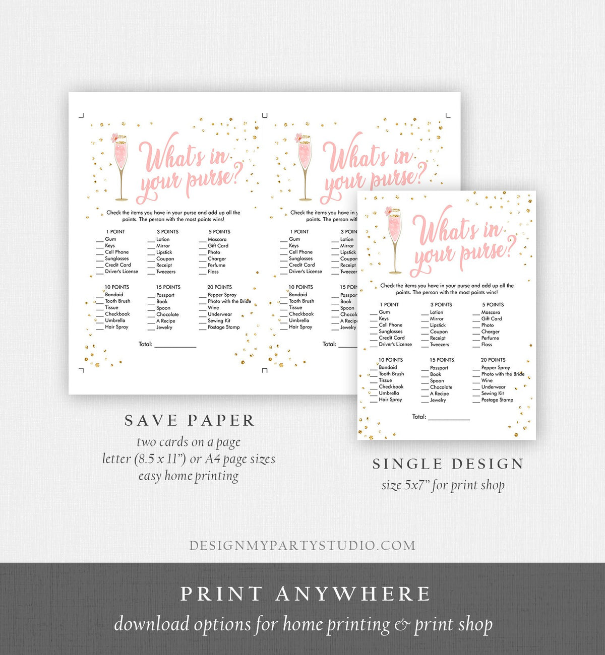 Editable What&#39;s In Your Purse Bridal Shower Game Brunch and Bubbly Whats in Purse Wedding Activity Gold Digital Template Printable 0150