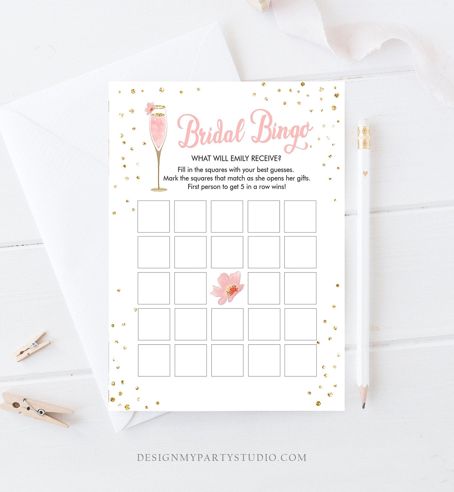 Editable Brunch and Bubbly Bridal Shower Game Bundle Pink Gold Champagne Glass Wine Wedding Activity Gold Corjl Template Printable 0150