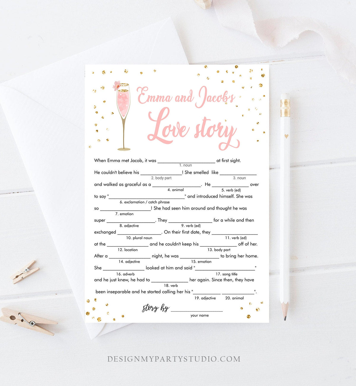 Editable Brunch and Bubbly Bridal Shower Game Bundle Pink Gold Champagne Glass Wine Wedding Activity Gold Corjl Template Printable 0150