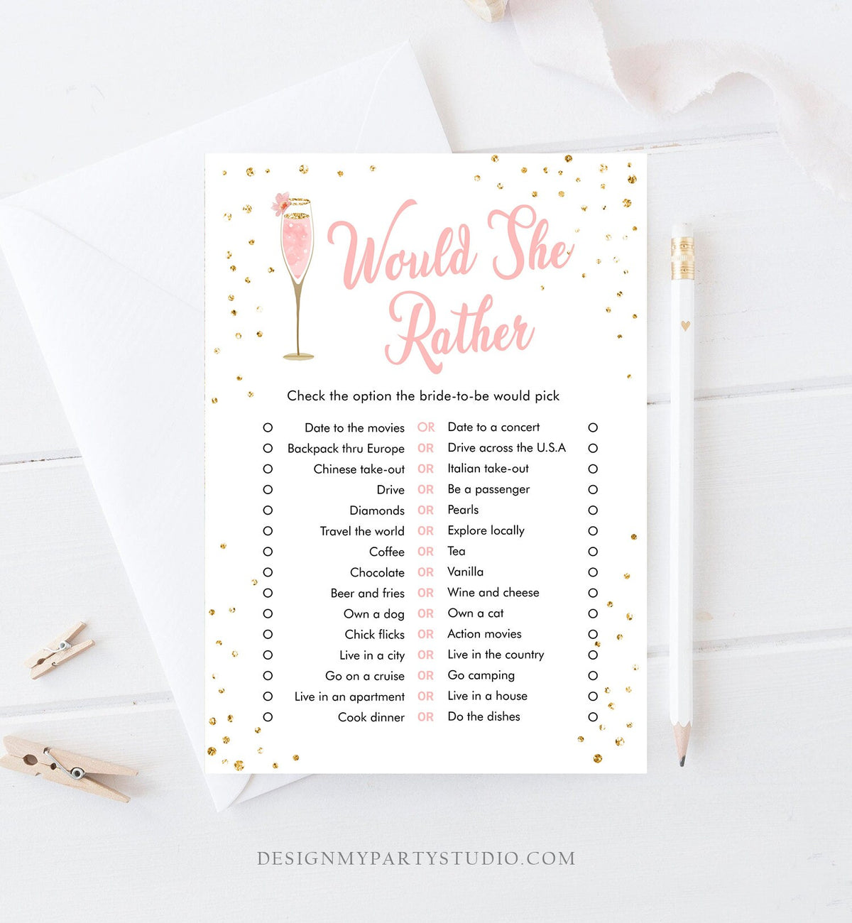 Editable Brunch and Bubbly Bridal Shower Game Bundle Pink Gold Champagne Glass Wine Wedding Activity Gold Corjl Template Printable 0150