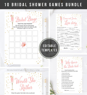 Editable Brunch and Bubbly Bridal Shower Game Bundle Pink Gold Champagne Glass Wine Wedding Activity Gold Corjl Template Printable 0150