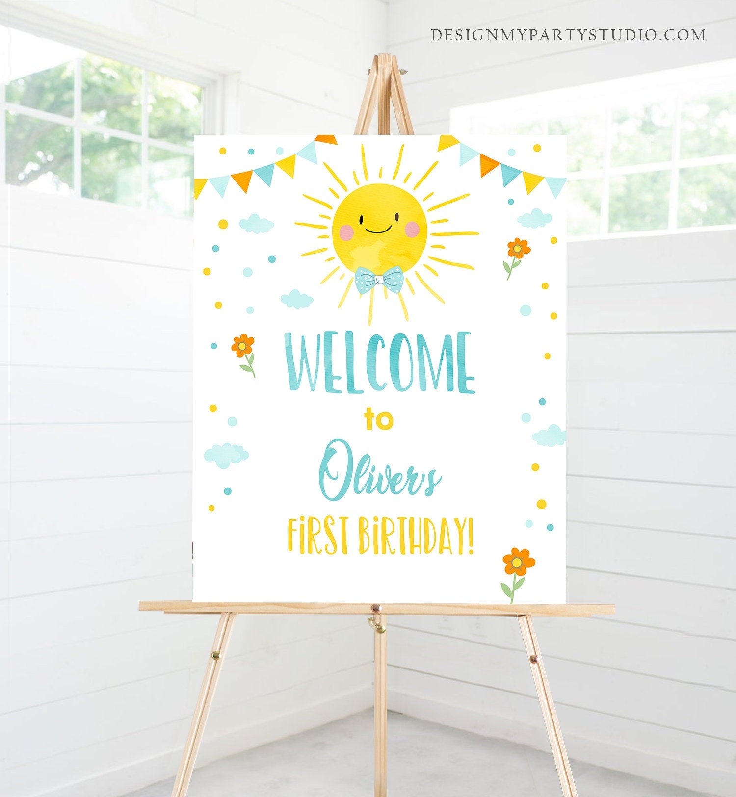 Editable Sunshine Welcome Sign Little Sunshine Birthday Party Blue Boy Around the Sun Lemonade Stand Summer Digital Template Printable 0141