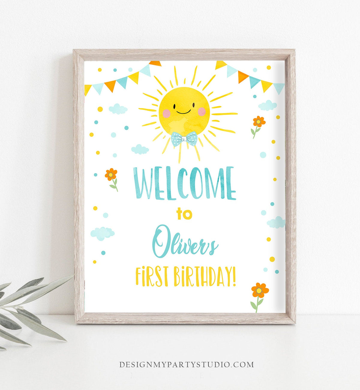 Editable Sunshine Welcome Sign Little Sunshine Birthday Party Blue Boy Around the Sun Lemonade Stand Summer Digital Template Printable 0141