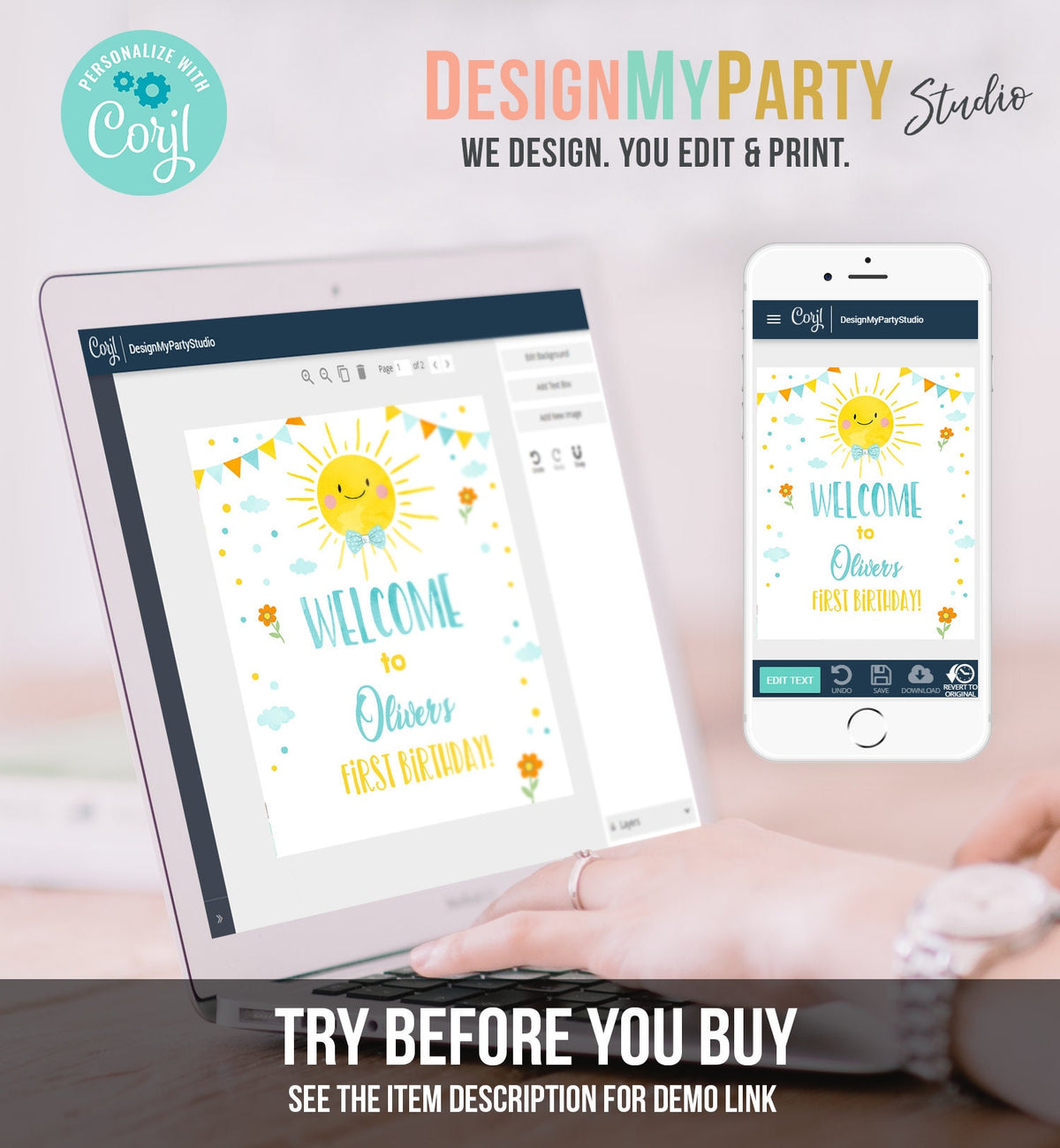 Editable Sunshine Welcome Sign Little Sunshine Birthday Party Blue Boy Around the Sun Lemonade Stand Summer Digital Template Printable 0141