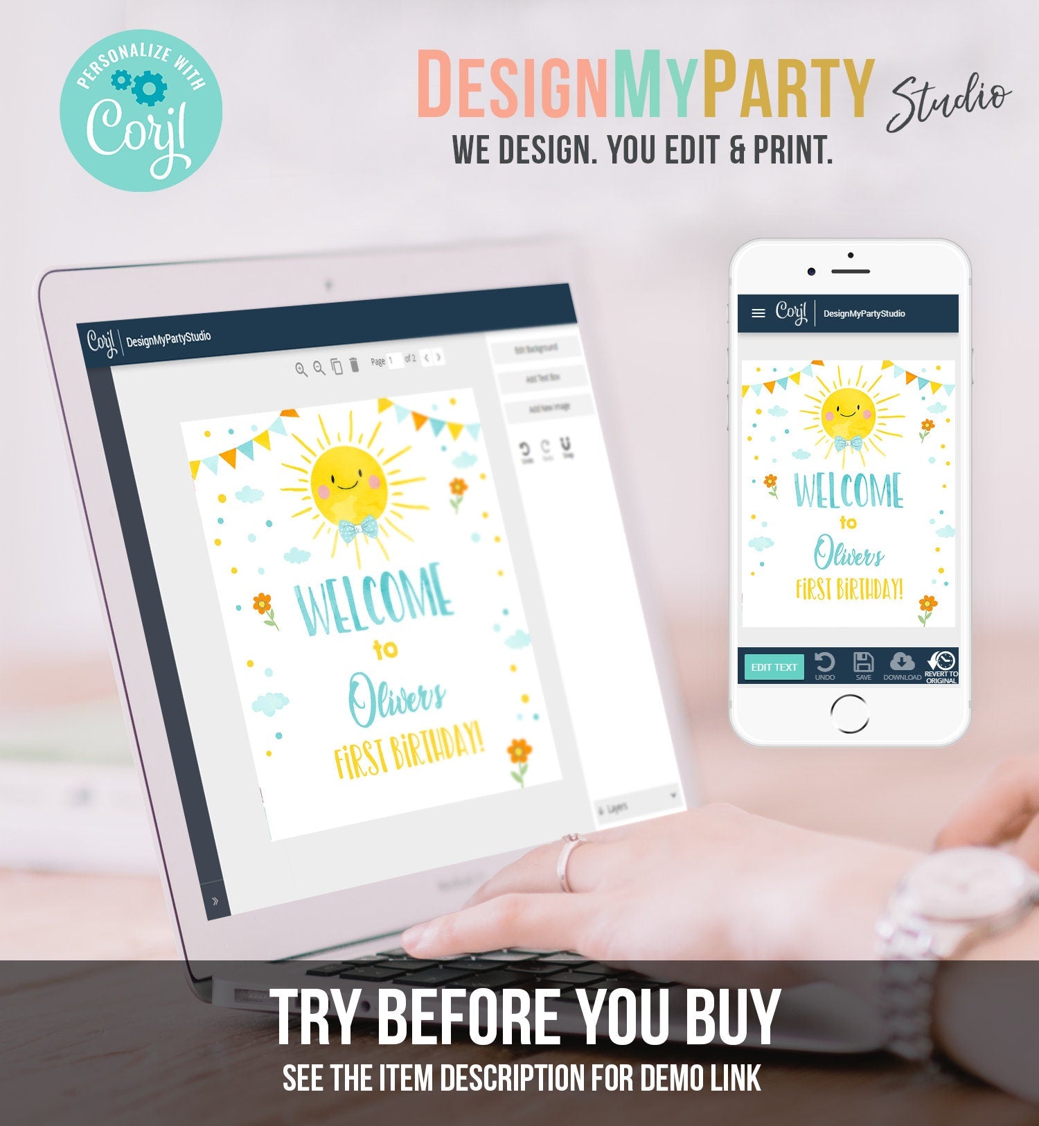Editable Sunshine Welcome Sign Little Sunshine Birthday Party Blue Boy Around the Sun Lemonade Stand Summer Digital Template Printable 0141