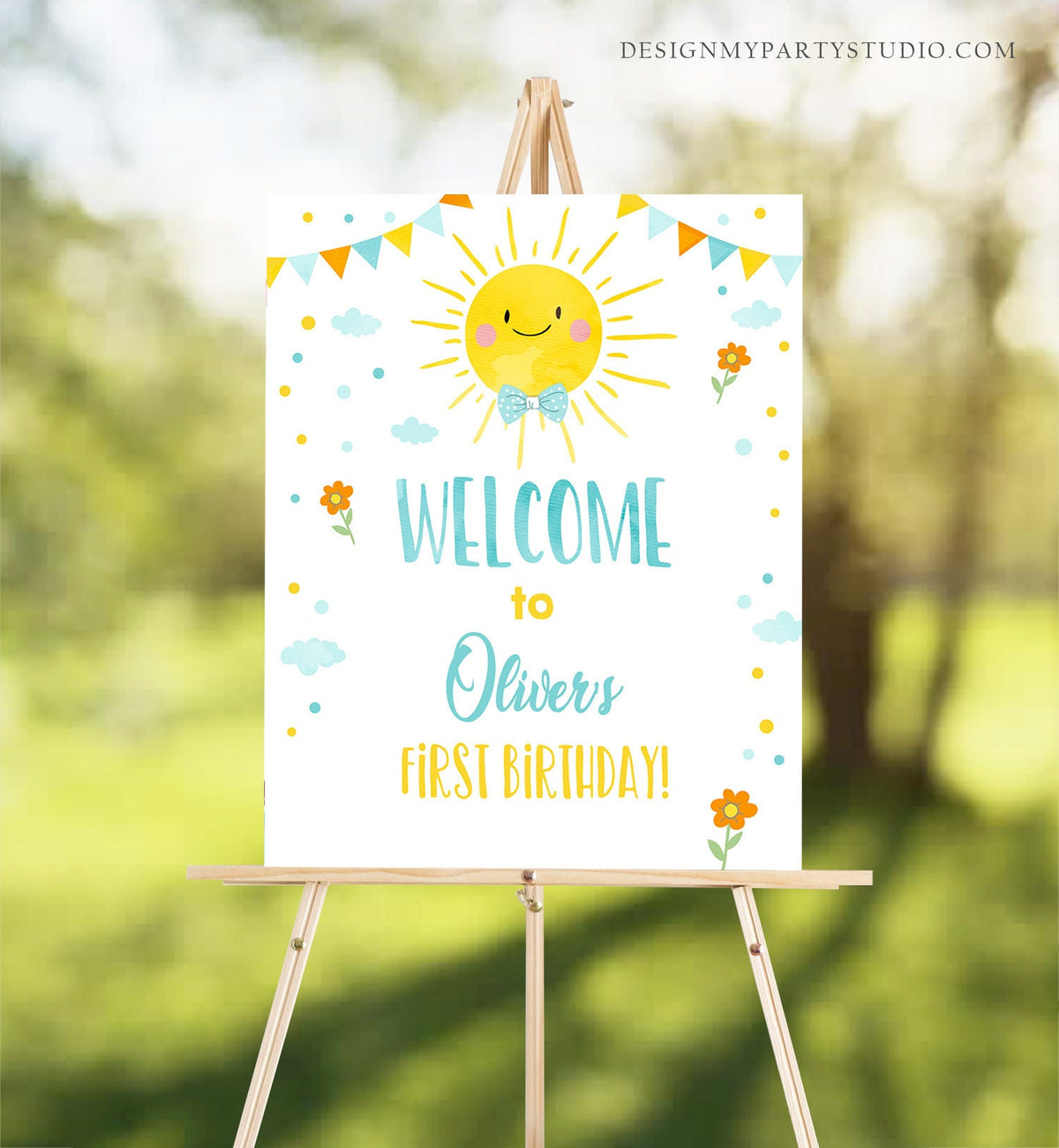 Editable Sunshine Welcome Sign Little Sunshine Birthday Party Blue Boy Around the Sun Lemonade Stand Summer Digital Template Printable 0141