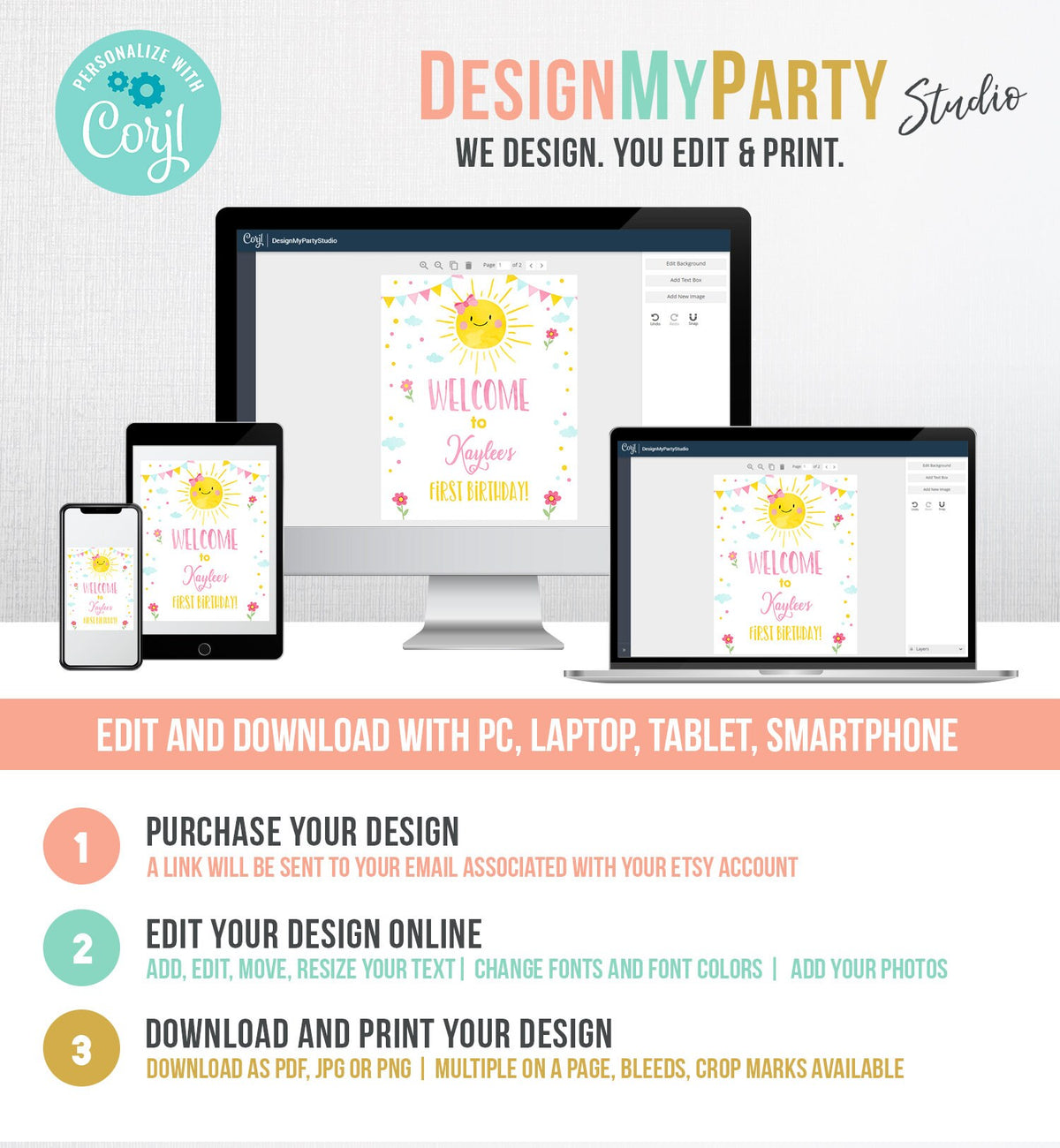 Editable Sunshine Welcome Sign Little Sunshine Birthday Party Pink Girl Lemonade and Fun Stand Summer Digital Template Printable 0141