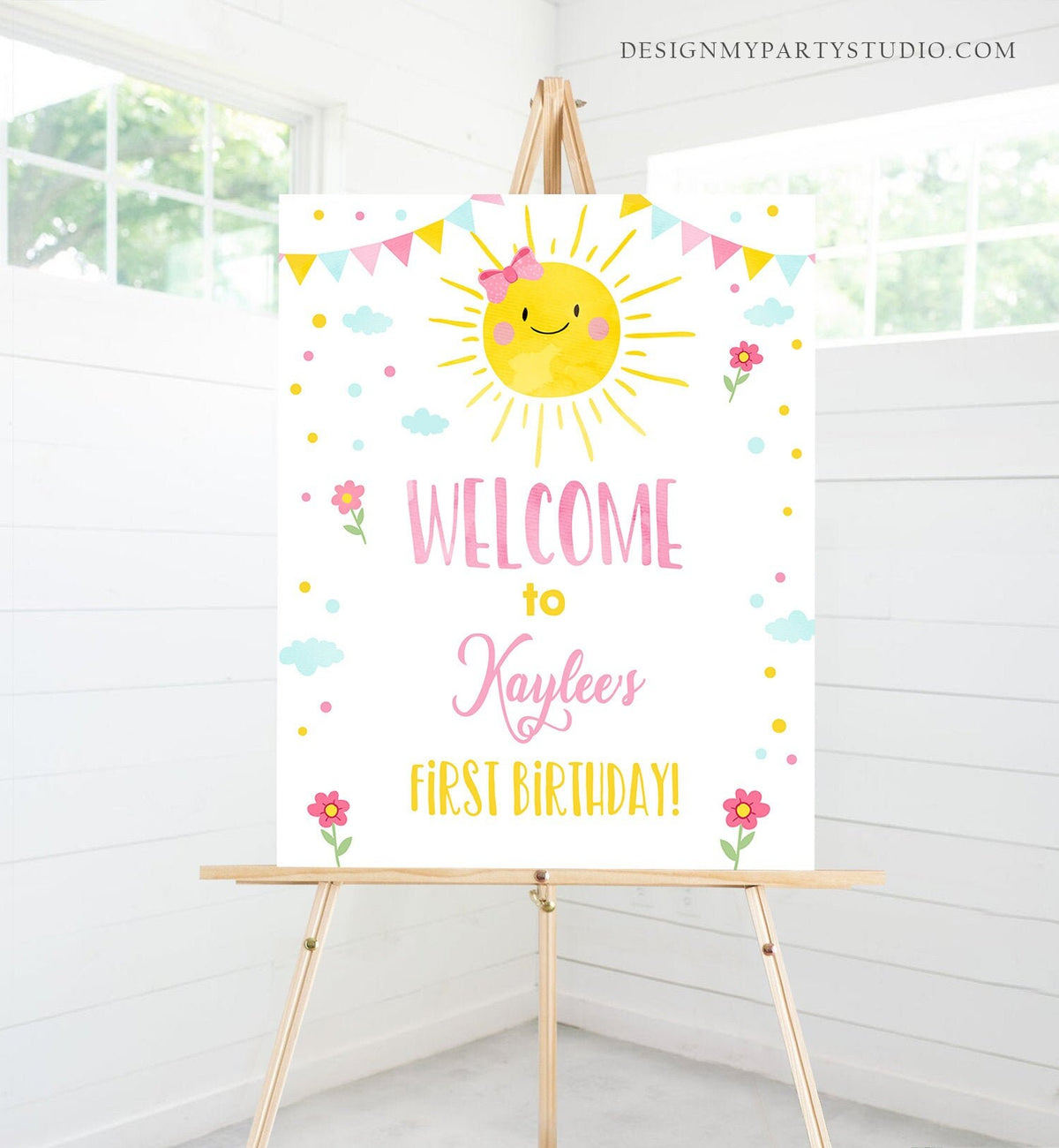 Editable Sunshine Welcome Sign Little Sunshine Birthday Party Pink Girl Lemonade and Fun Stand Summer Digital Template Printable 0141