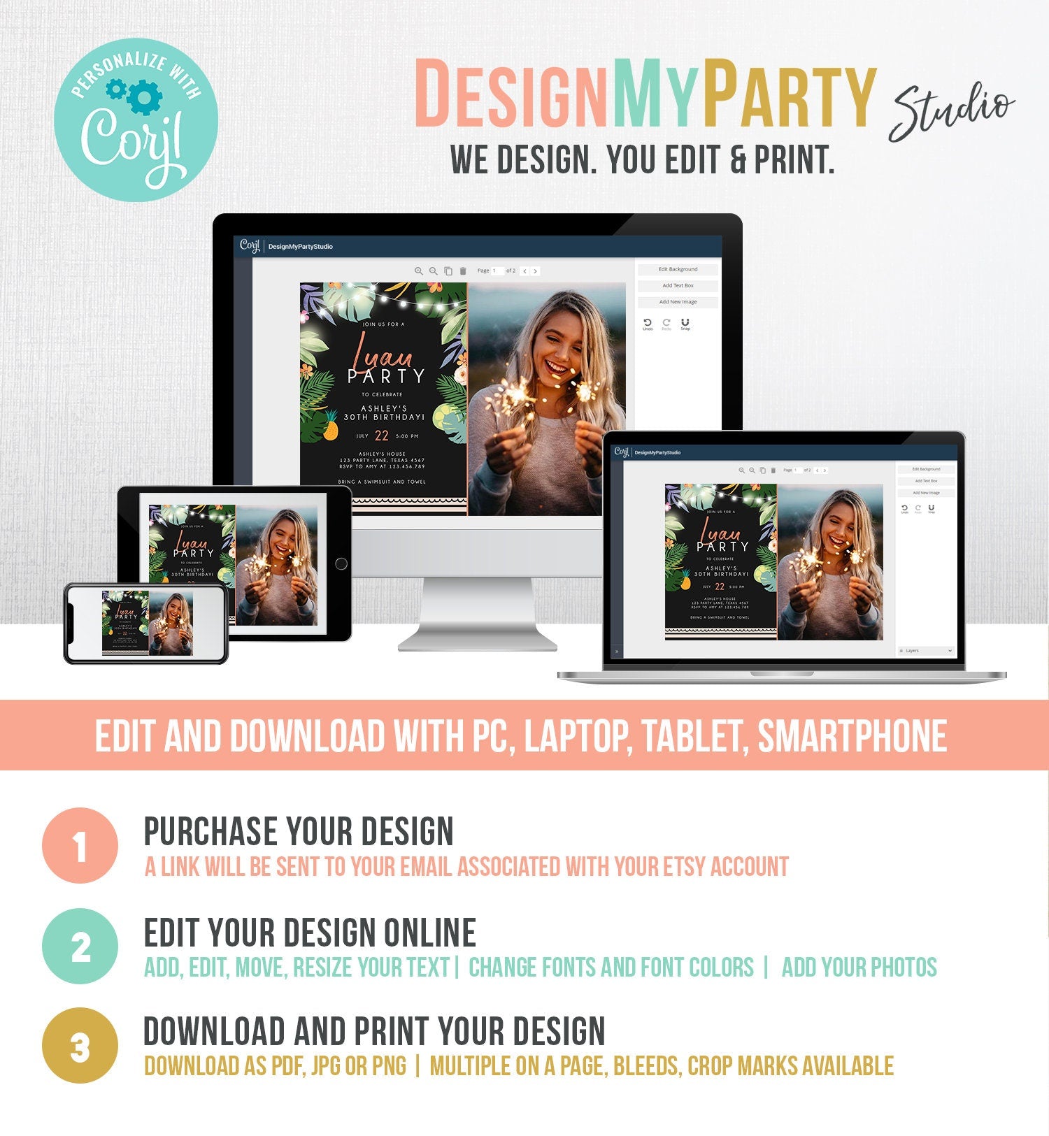 Editable Tropical Luau Birthday Invitation Tropical Party Adult Birthday Man Woman Leaves Hawaiian Download Evite Template Printable 0183