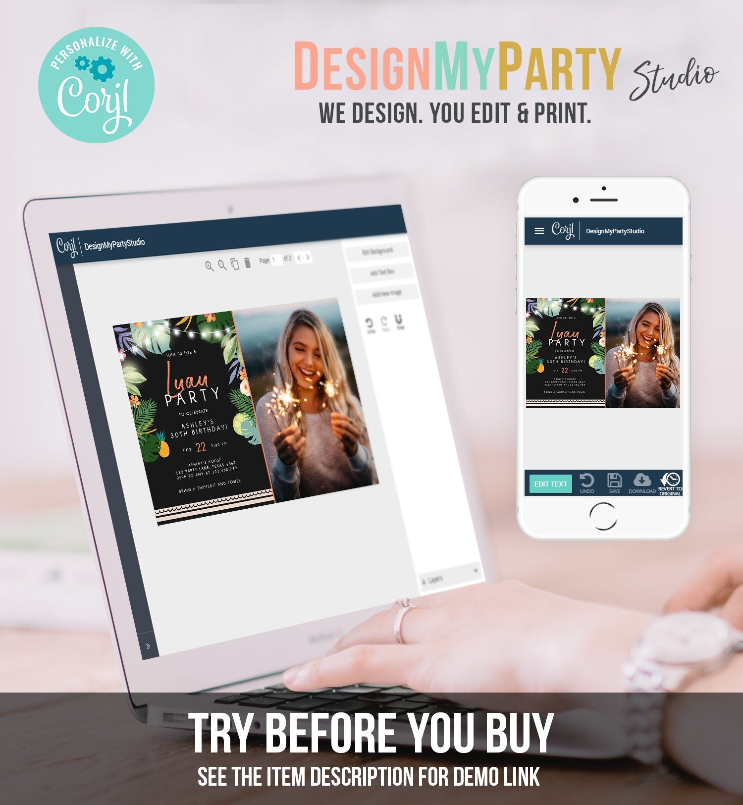 Editable Tropical Luau Birthday Invitation Tropical Party Adult Birthday Man Woman Leaves Hawaiian Download Evite Template Printable 0183