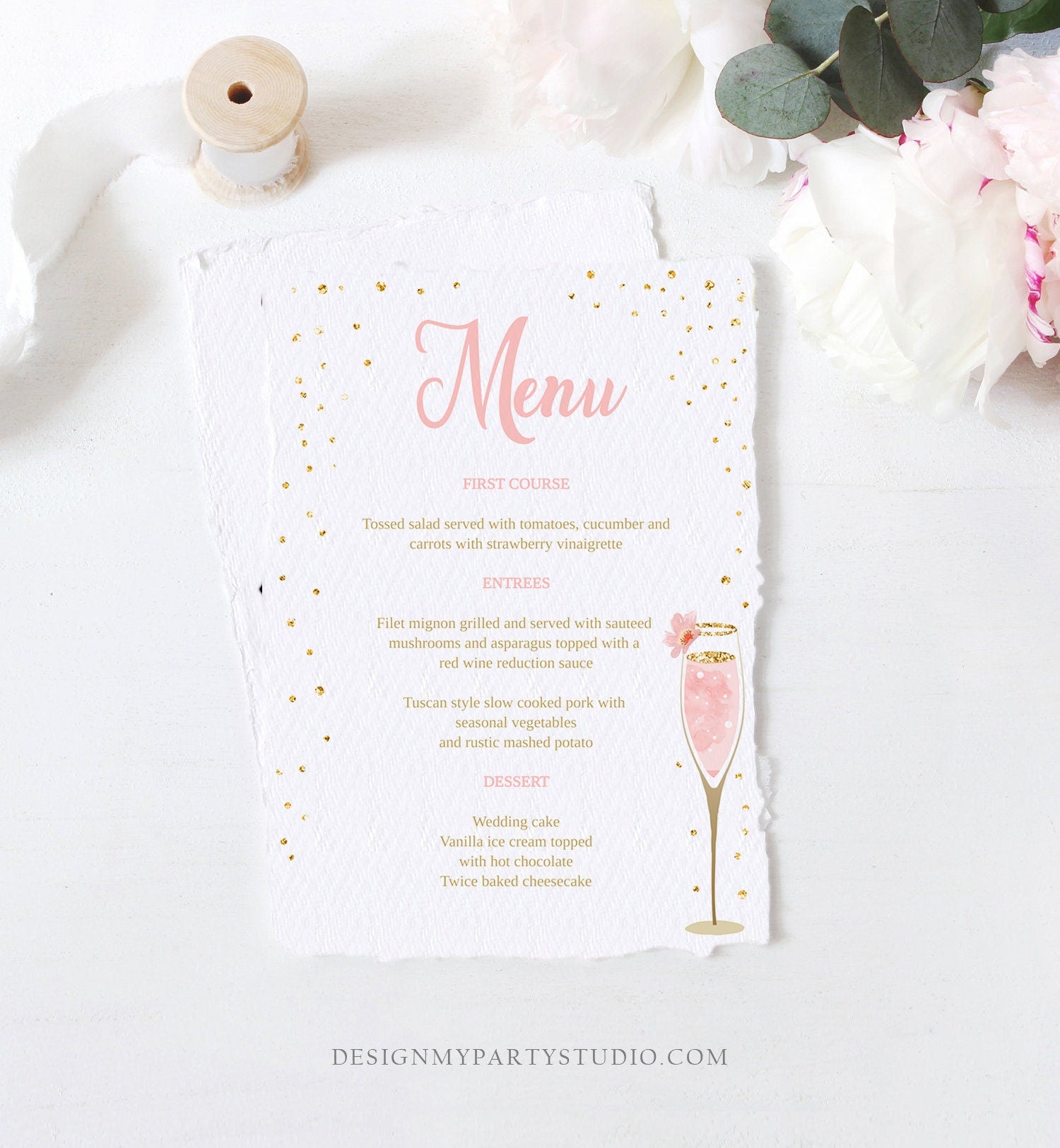 Editable Brunch and Bubbly Menu Card Bridal Shower Pink Champagne Gold Confetti Wedding Menu Floral Digital Download Template Printable 0150