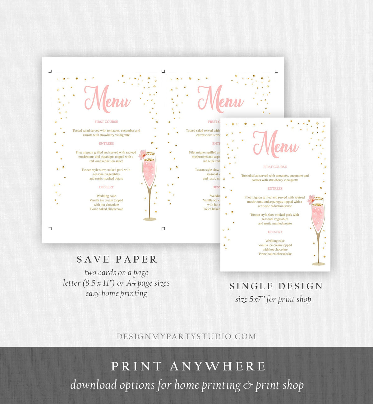 Editable Brunch and Bubbly Menu Card Bridal Shower Pink Champagne Gold Confetti Wedding Menu Floral Digital Download Template Printable 0150