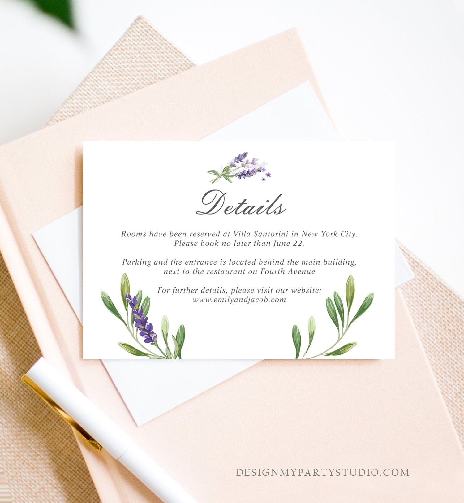 Editable Lavender Details Card Wedding Insert Card Foliage Boho Lilac Blush Purple Information Enclosure Corjl Template Printable 0206