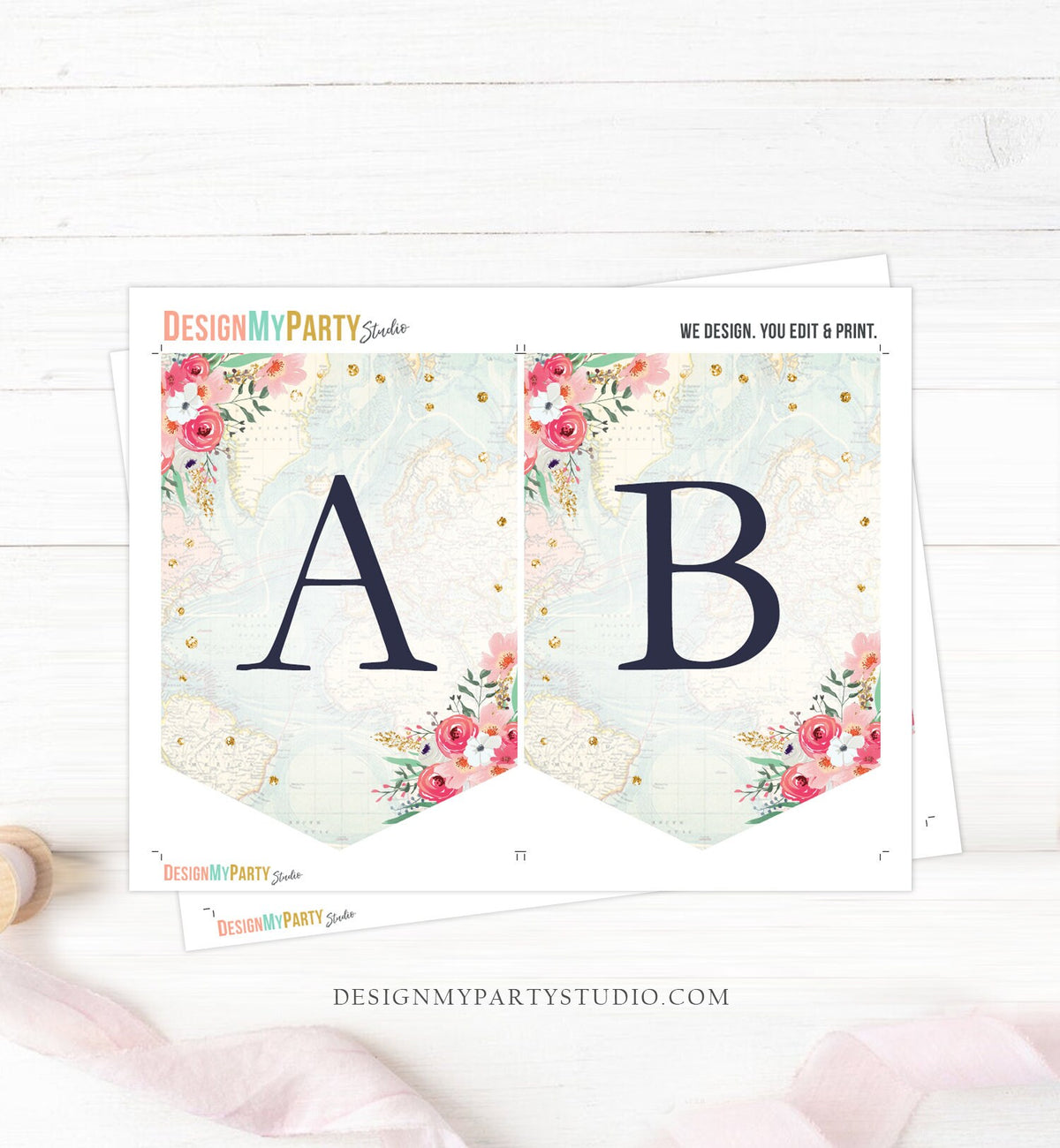 Traveling A-Z Banner Bridal Shower Travel Adventure Baby Shower Numbers Pink Floral Gold Banner Decor Instant Download Printable 0030