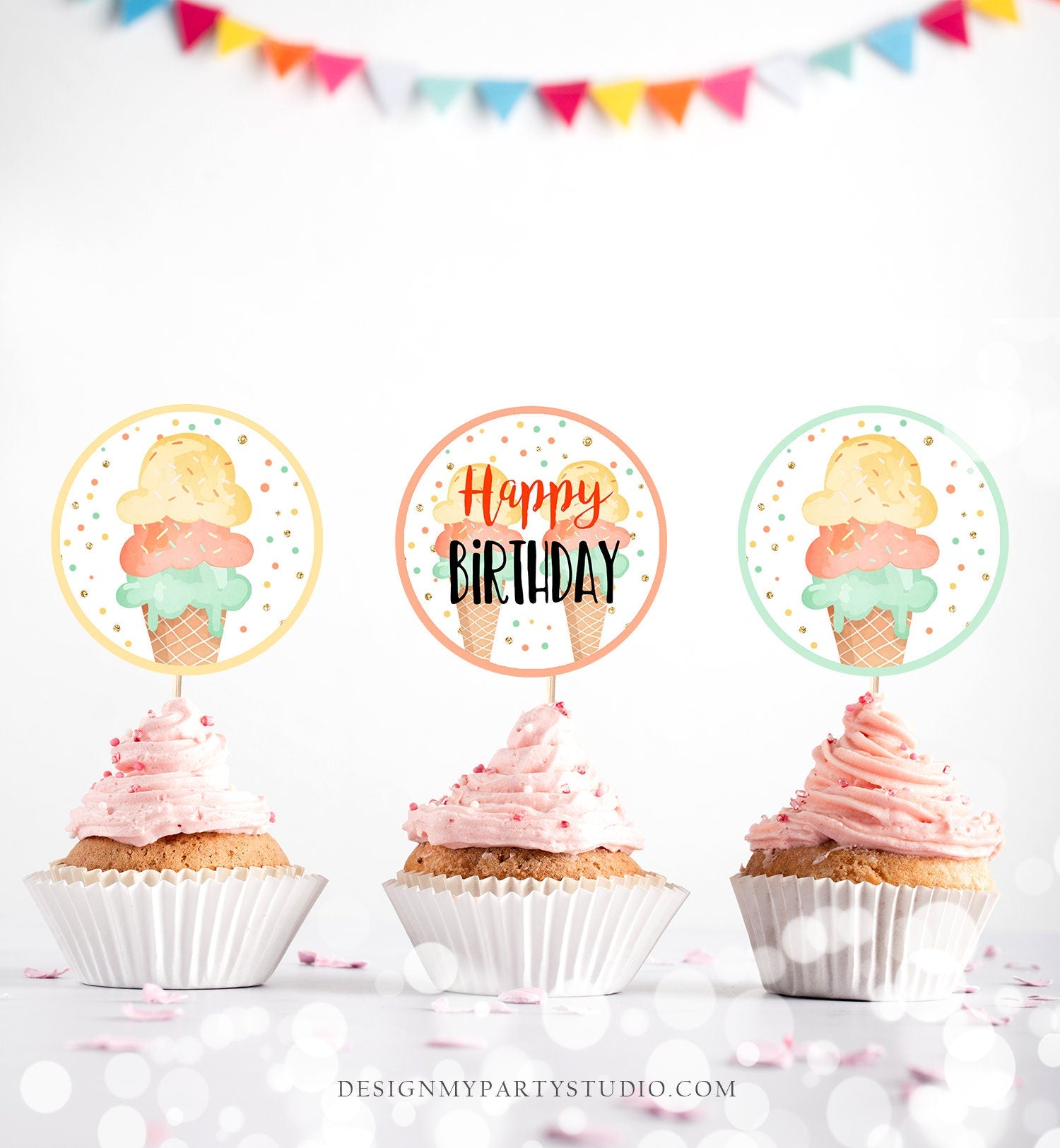 Ice Cream Cupcake Toppers Favor Tags Ice Cream Birthday Party Decoration Yellow Orange Mint Summer Scoop Download Digital PRINTABLE 0243