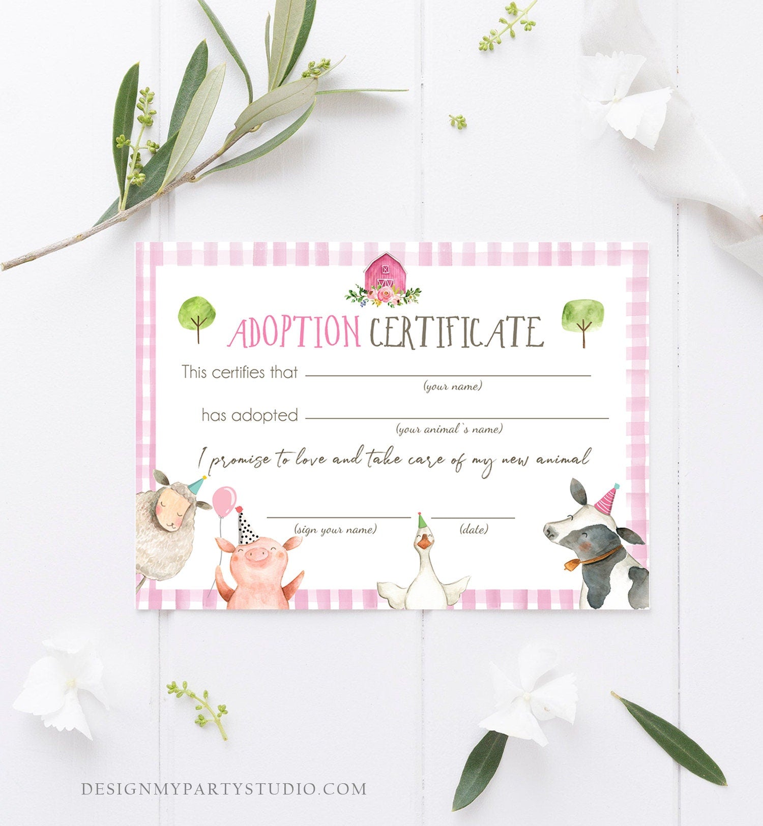 Adopt an Animal Adoption Certificate Farm Animals Adoption Pink Farm Birthday Party Barnyard Birthday Girl Download Digital PRINTABLE 0155