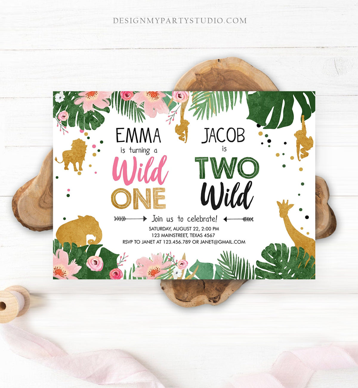 Editable Wild One Two Wild Birthday Invitation Safari Animals Boy Girl First Second Birthday Gold Joint Dual Corjl Template Printable 0016